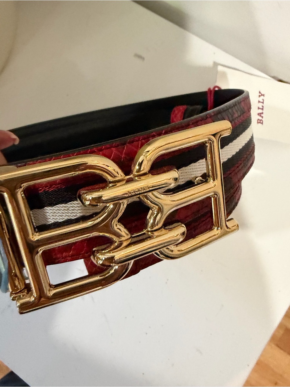 Bally Red Striped Leather Belt with Gold Logo Buckle